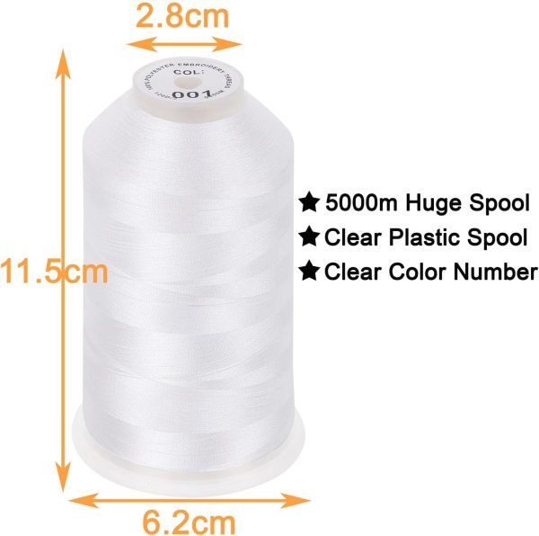 New brothread - 2 Huge Spools 5000M Each Polyester Embroidery Machine Thread 40WT for Commercial and Domestic Machines - White-1