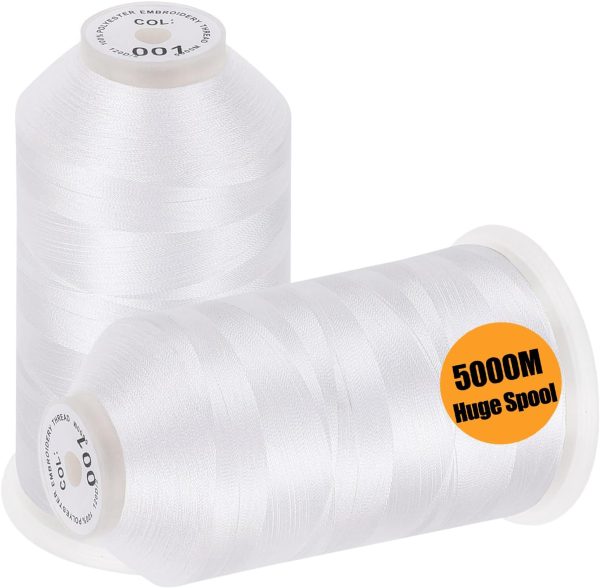 New brothread - 2 Huge Spools 5000M Each Polyester Embroidery Machine Thread 40WT for Commercial and Domestic Machines - White-0