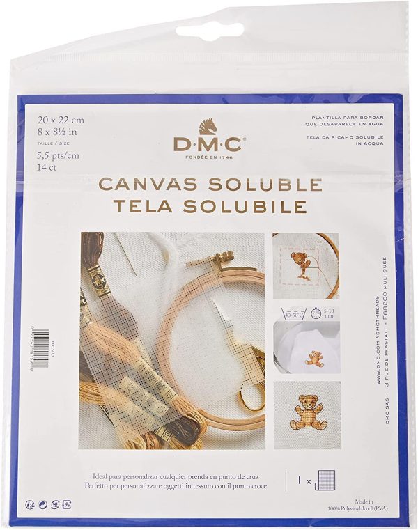 DMC DC90 Water Soluble Cross Stitch Canvas, 8 by 8-1/2-Inch, White, 14 Count-0