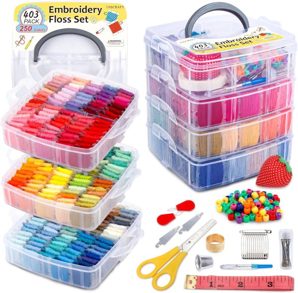 Inscraft 403 Pack Embroidery Floss Set, 250 Colors Cross Stitch Friendship Bracelet Thread with 153 Pcs Cross Stitch Tool, 4-Tier Transparent Box for Storage-0