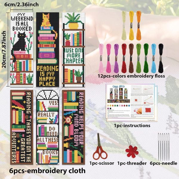 ACRNIGHEET 6PCS Cross Stitch Bookmark Kits Bookshelves Words Pattern Counted Cross Stitch Kits for Beginners Adults DIY Stamped Embroidery Bookmarks with Instructions Hand Embroidery Craft Gift-1