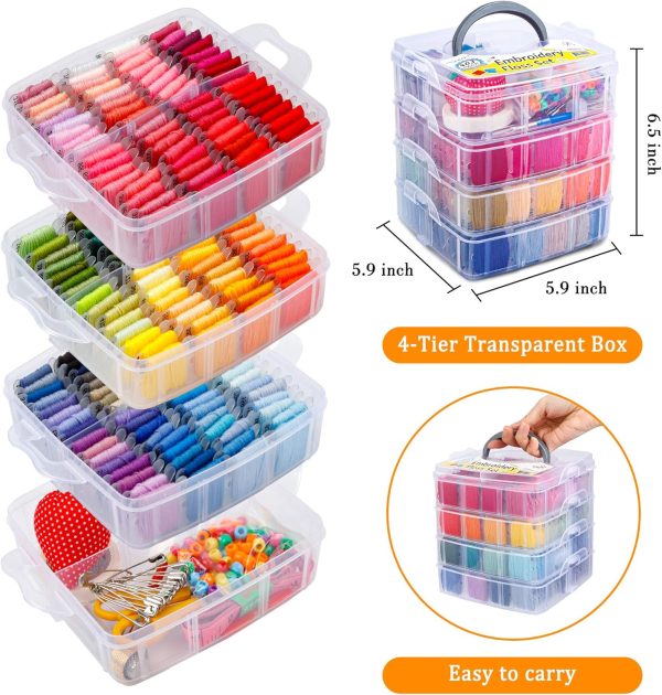 Inscraft 403 Pack Embroidery Floss Set, 250 Colors Cross Stitch Friendship Bracelet Thread with 153 Pcs Cross Stitch Tool, 4-Tier Transparent Box for Storage-1