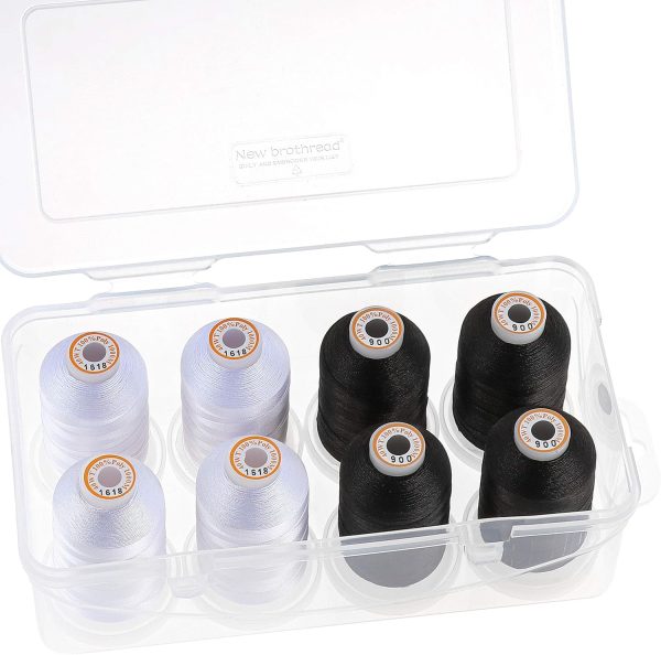 New brothread Polyester Embroidery Machine Thread 1000m Each with Clear Plastic Storage Box for Embroidery & Quilting - 4xSnow White+4xBlack-0