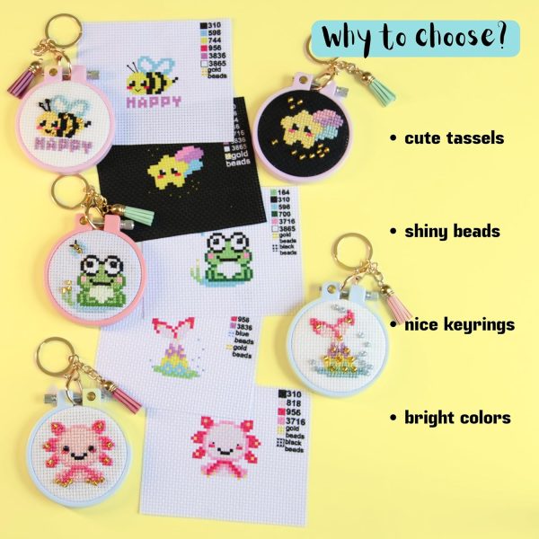 IDDI Cute Creatures Embroidery Kit for Kids. Stamped Cross Stitch Kits for Beginners. Kid Needlepoint. Crafts for Girls 8-12. Easy Crafts. DIY Keychains for Kids. Needlework Kits. Backpack Charms.-2