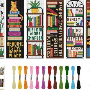 ACRNIGHEET 6PCS Cross Stitch Bookmark Kits Bookshelves Words Pattern Counted Cross Stitch Kits for Beginners Adults DIY Stamped Embroidery Bookmarks with Instructions Hand Embroidery Craft Gift-0