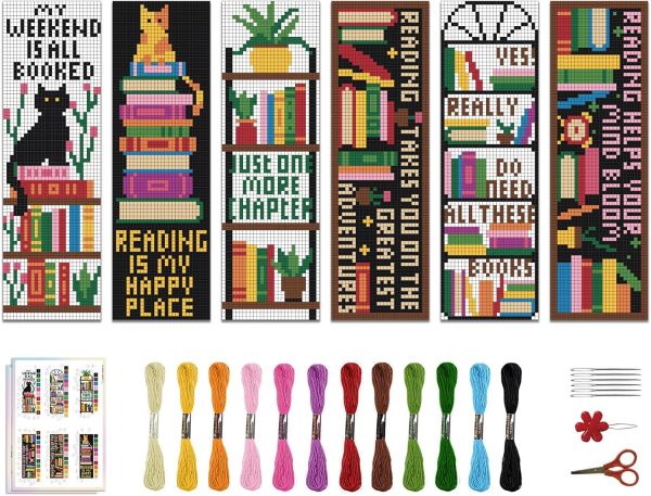 ACRNIGHEET 6PCS Cross Stitch Bookmark Kits Bookshelves Words Pattern Counted Cross Stitch Kits for Beginners Adults DIY Stamped Embroidery Bookmarks with Instructions Hand Embroidery Craft Gift-0
