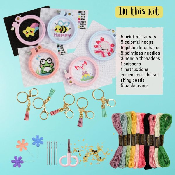 IDDI Cute Creatures Embroidery Kit for Kids. Stamped Cross Stitch Kits for Beginners. Kid Needlepoint. Crafts for Girls 8-12. Easy Crafts. DIY Keychains for Kids. Needlework Kits. Backpack Charms.-3