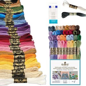 DMC Embroidery Floss Pack Popular Colors, Embroidery Thread Kit Include 36 Assorted Color Bundle with DMC Mouline Cotton White/Black and Cross Stitch Hand Needles Size 26.-0